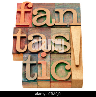 Fantástico - exclamación aisladas en abstracto vintage tipografía bloques de madera Foto de stock