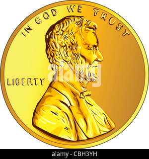 El dinero americano, un centavo moneda de oro con la imagen de Lincoln