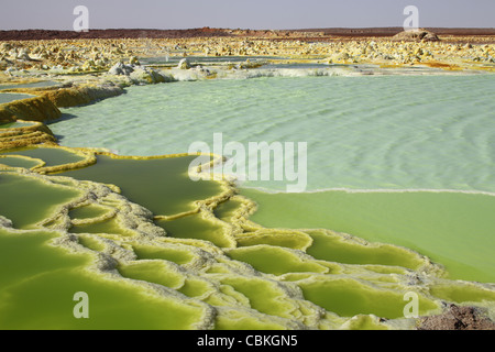 Dallol área geotérmica, terrazas, formado por depósitos de sal de potasio salmuera hot springs, la depresión de Danakil, Etiopía. Foto de stock