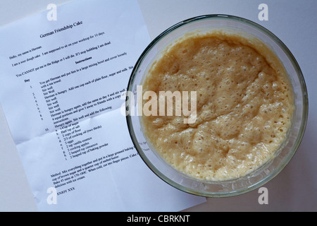 Hacer un pastel alemán Herman amistad - mezcla y mostrando las  instrucciones de la receta y los ingredientes sobre fondo blanco Fotografía  de stock - Alamy