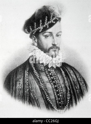 Retrato de Carlos IX, Rey de Francia (1560-74). Ilustración Vintage de Grabado