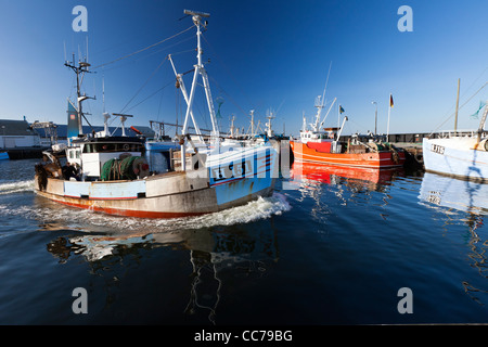 Barco de pesca, dejando el puerto, Gilleleje, Sjaelland, Dinamarca Foto de stock
