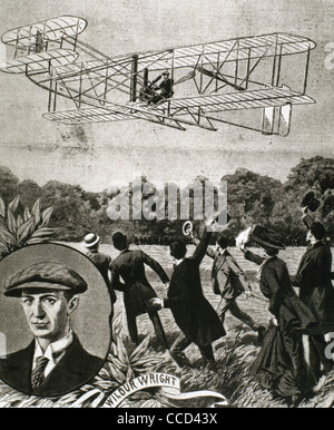 Wilbur Wright (1867-1912). Aviador americano. Avión que volaba sobre el campo Anvours (Francia). Ilustración. Foto de stock