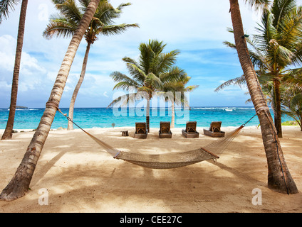 Isla paraíso playa privada exclusiva Mustique Caribe palmeras aisladas no hay gente cielo arena mar desierto sol sol sol océano hamaca azul Foto de stock
