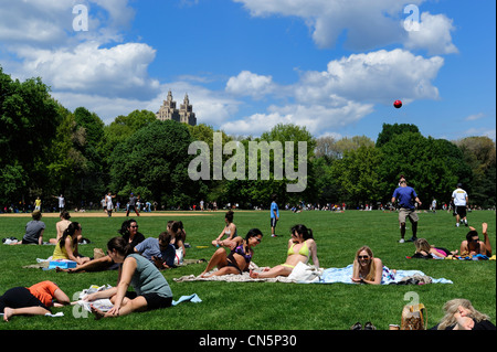 Estados Unidos, Manhattan, Ciudad de Nueva York, Central Park, el farniente y deporte los domingos en el campo de béisbol Foto de stock