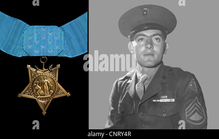 Retrato de vector restaurada digitalmente al Sargento Primero John Basilone y la Medalla de Honor. Foto de stock