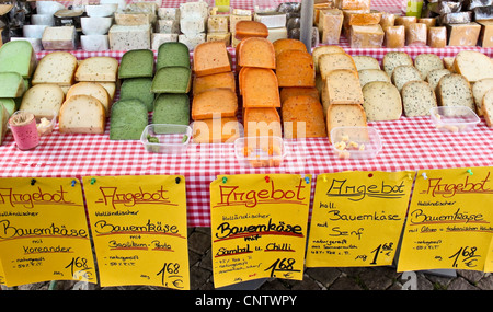 Diferentes tipos y colores de queso en un país con economía de mercado en Bremen, Alemania Foto de stock