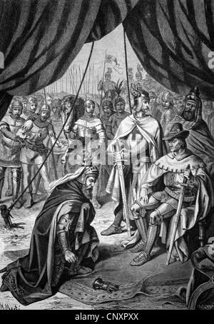 El rey Ottokar de Bohemia, inclinándose a sí mismo para el emperador Rodolfo de Habsburgo, Ottokar Premysl, también conocido como Premysl Ottokar, arou Foto de stock
