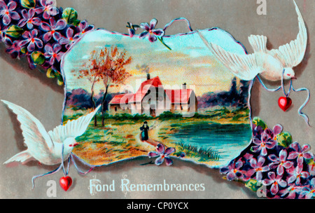 Gratos recuerdos - vintage postal con flores, paloma y la escena de la granja Foto de stock