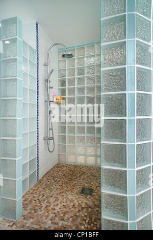 Baño moderno con ducha de pared de ladrillos de vidrio y pisos de
