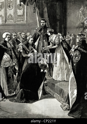 La reina Victoria de conferir el orden de la Liga. Grabado victoriano de fecha 13 de junio de 1887 Foto de stock