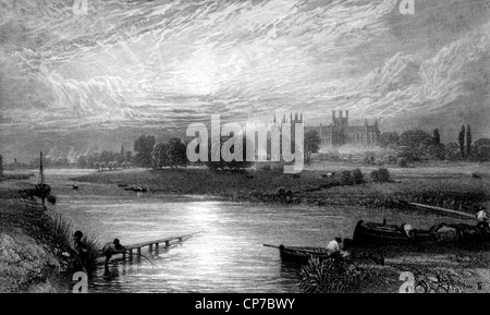 Grabado de la catedral de Peterborough vistos sobre el río Nene, Cambridgeshire, Inglaterra. Creada en 1868 por William Miller, unpublis Foto de stock