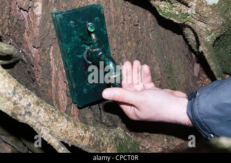 Geocache contenedor 'tap water fountain' que se encuentra en el bosque Foto de stock