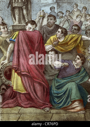 La muerte de Caius Julius Caesar, emperador romano, estratega y escritor, asesinados en el 15. 3. 44 antes de Cristo, de color copperplate grabado de:'Historische Bilder'(fotos históricas), aacounts sobre hechos muy conocidos y hombres, organizado por el Dr. F. Orelli, Editorial Agosto Riese, Berlín, circa 1850, Copyright del artista no ha de ser borrado