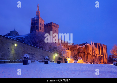 Francia, Vaucluse, Avignon, Place du Palais, Notre Dame des Doms y el Palais des Papes, Patrimonio Mundial de la UNESCO bajo la nieve en Foto de stock