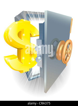 Ilustración de un signo de dólar en una caja con una puerta abierta. Imagen conceptual de la seguridad financiera. Foto de stock