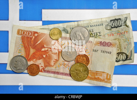Dracma griego en la bandera, la moneda de Grecia. Foto de stock