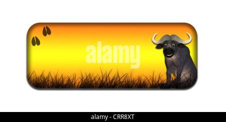 Ilustración de un banner temáticas safari/cabezal con un búfalo de dibujos animados sobre un fondo blanco. Foto de stock