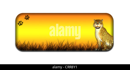 Ilustración de un banner temáticas safari/cabezal con un leopardo de dibujos animados sobre un fondo blanco. Foto de stock
