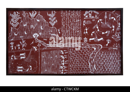 Arte Tribal con hojas de palmera, pintura Talapatra, que consisten de grabados lineales utilizados para ilustrar historias Foto de stock