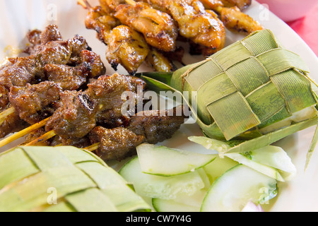 Carne de pollo y de cordero, Satay con Ketupat y pepinos Closeup