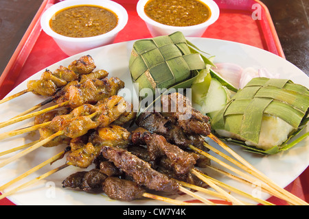 Carne de pollo Satay de Cordero con salsa de cacahuete y salsa Ketupat Closeup