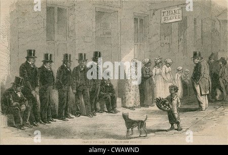 Venta de esclavos en Nueva Orleans, en abril de 1861. En las zonas urbanas de Nueva Orleans, algunos esclavos calificados eran siervos, controladores y cocineros para Foto de stock