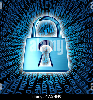 La seguridad de los datos y el equipo de seguridad de red de servidor de protección con un símbolo de candado con una cerradura en un código binario antecedentes como un icono de la tecnología de encriptación y privacidad en internet en el ciberespacio. Foto de stock