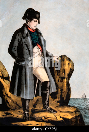 Napoleón Bonaparte (1769-1821) en el exilio en Santa Elena, grabado Coloreado a mano Foto de stock