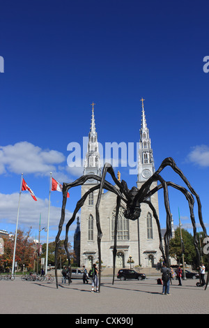 Louise Bourgeois escultura en bronce Maman un 30 pies alto Spider enanos passers por delante de la catedral de Notre Dame en Ottawa Foto de stock