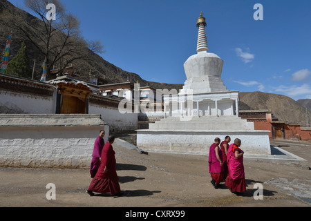 El budismo tibetano, los monjes en frente de una estupa blanca y los edificios del monasterio, construido en el estilo arquitectónico tradicional Foto de stock