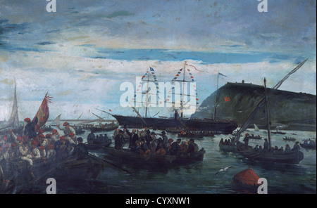Diez años de guerra o gran guerra (1868-1878). El embarque de los voluntarios catalanes de la Guerra de Cuba en el puerto de Barcelona. Foto de stock