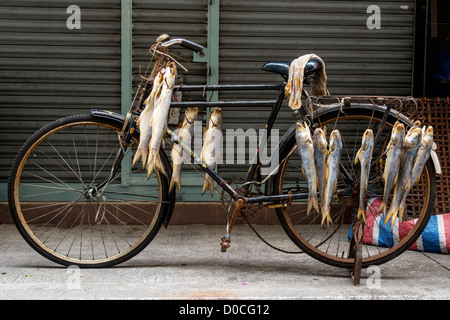 Vieja bicicleta con peces colgando, Macao, China