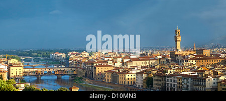 Vista superior del techo panorámico con el Palazzio Vecchio de Florencia y el Duomo, Italia Foto de stock