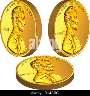 American Gold dinero, un céntimo con la imagen de Lincoln en tres diferentes ángulos