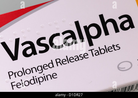Caja de Vascalpha (Felodipina) liberación prolongada bloqueador canal calcuim tabletas para tratar la presión arterial alta. Foto de stock