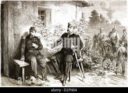 Otto von Bismarck y Napoleón III a rendirse el 2 de septiembre de 1870, después de la batalla de Sedan, en Donchery, Ardenas, Francia Foto de stock