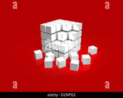 4x4 blanco cubo desordenado montaje de bloques sobre fondo rojo. Foto de stock