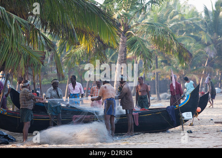 Clasificación de los pescadores con sus redes en Marari Beach, Kerala, India, Asia