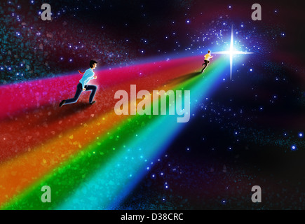 Imagen ilustrativa de empresarios ejecutan en arco iris que representan a las empresas de la competencia Foto de stock