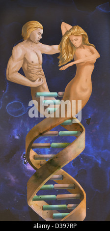 Las figuras masculinas y femeninas que representan la estructura molecular de ADN Foto de stock