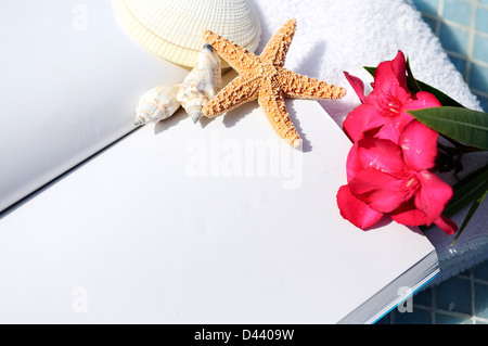 Libro Abierto, mariscos y toalla blanca junto a una piscina Foto de stock
