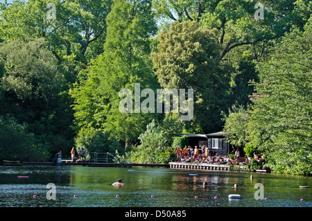 Londres, Hampstead Heath, extremo sur estanques, el estanque de baño mixto en verano. Foto de stock