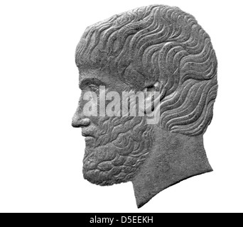 Retrato de Aristóteles desde 5 Drachmes coin, en Grecia, en 1984, sobre fondo blanco. Foto de stock