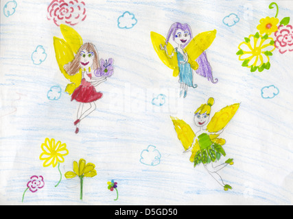  Los niños franco dibujo a lápiz de color con tres pequeñas hadas volando Fotografía de stock