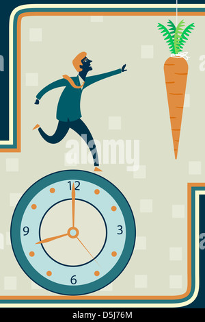 Imagen ilustrativa del empresario corriendo en el reloj hasta alcanzar la zanahoria que representa el deseo de incentivos Foto de stock