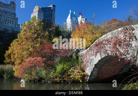 El follaje de otoño GAPSTOW BRIDGE ESTANQUE Central Park South de Manhattan, Nueva York, EE.UU. Foto de stock
