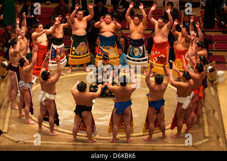 Competencia de Sumo en el Kokugikan de Tokio, Japón, Asia Foto de stock