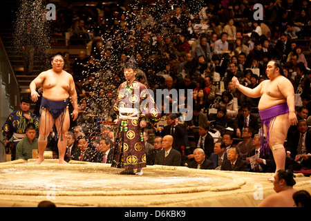 Algunos luchadores de sumo arrojando sal antes de una pelea en el Kokugikan, Tokio, Japón, Asia Foto de stock