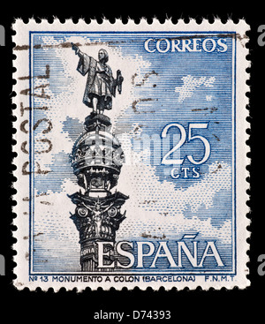 Sellos de España representando el Monumento a Colón en Barcelona. Foto de stock